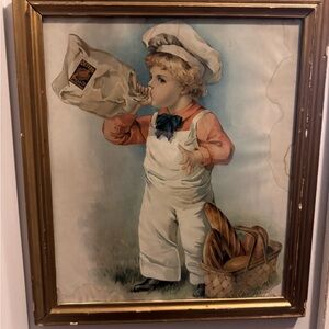 Vintage Art Print of Child with Bread and Milk